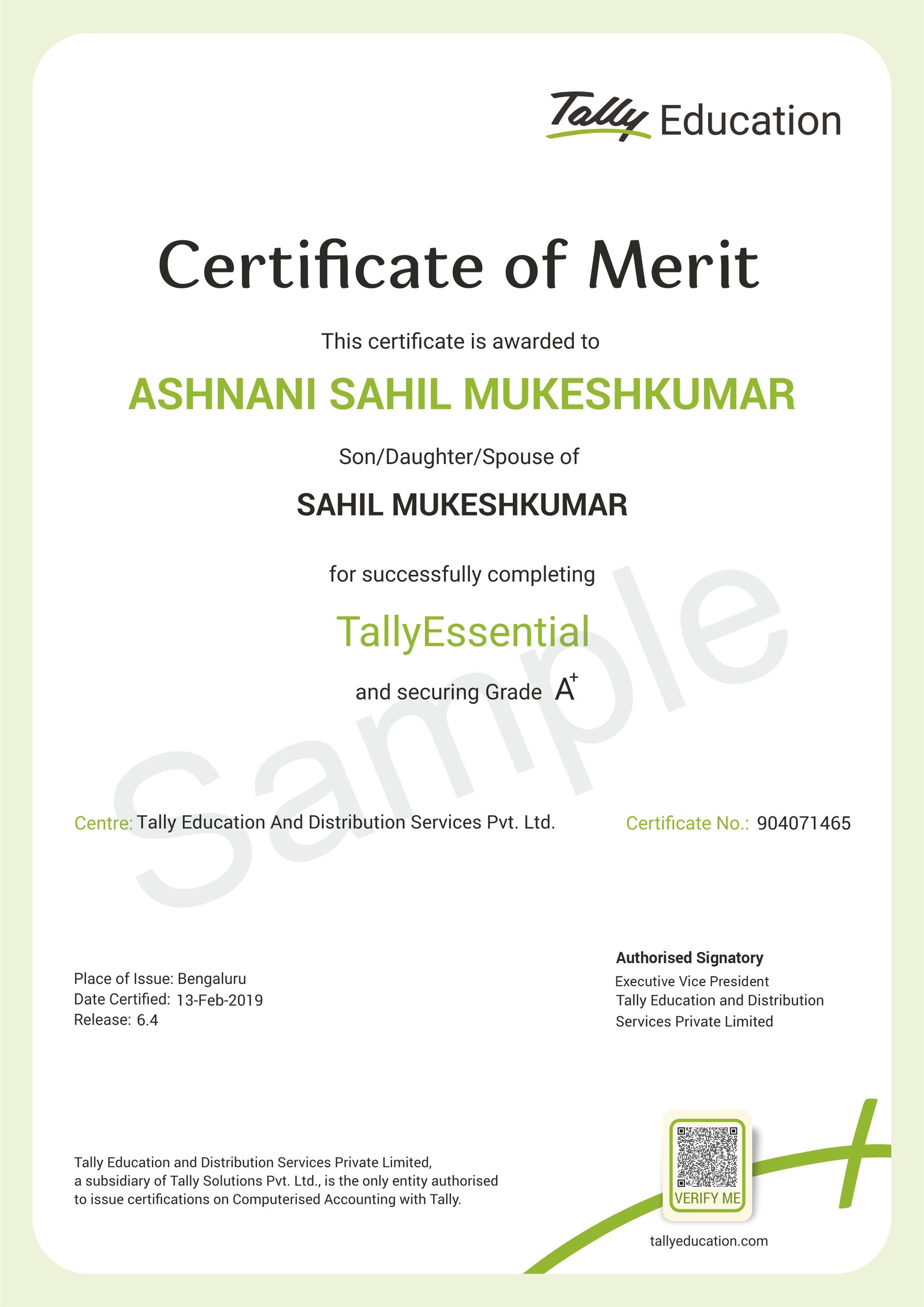 Sample Tally certificate of merit